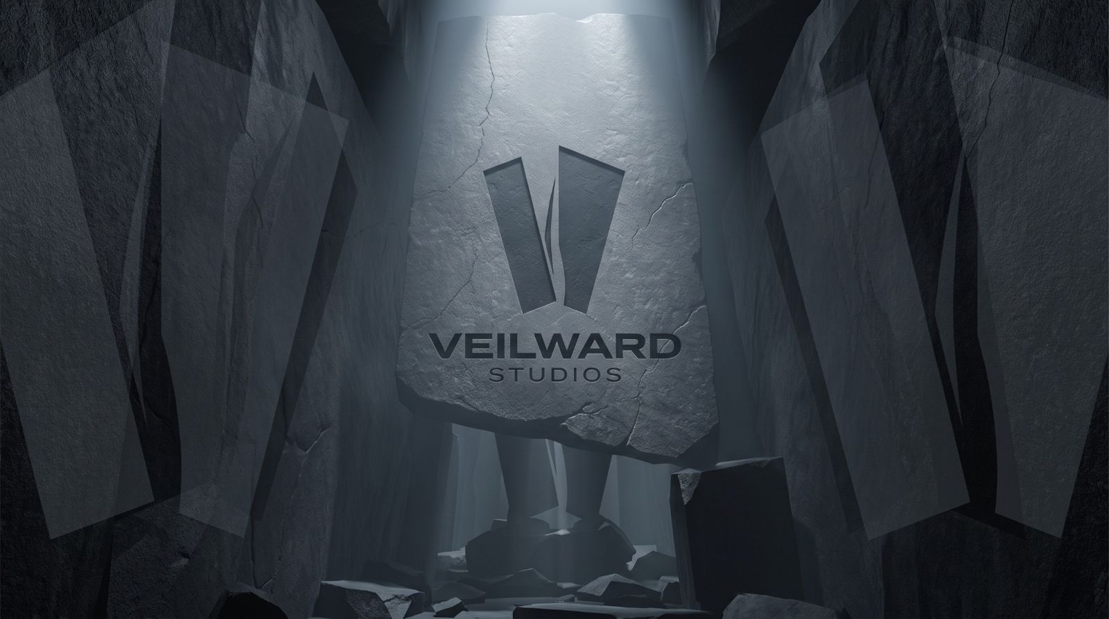 The Veilward Studios logo carved into a stone slab under a shaft of light
